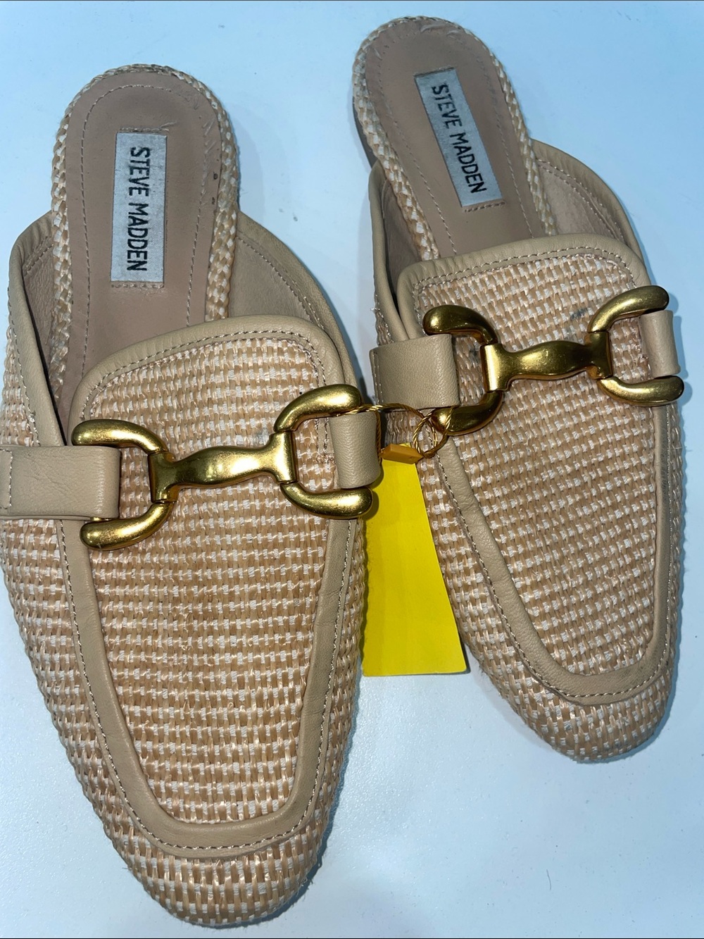 Steve Madden Beige Woven Mule Loafers with Gold Chain Accent